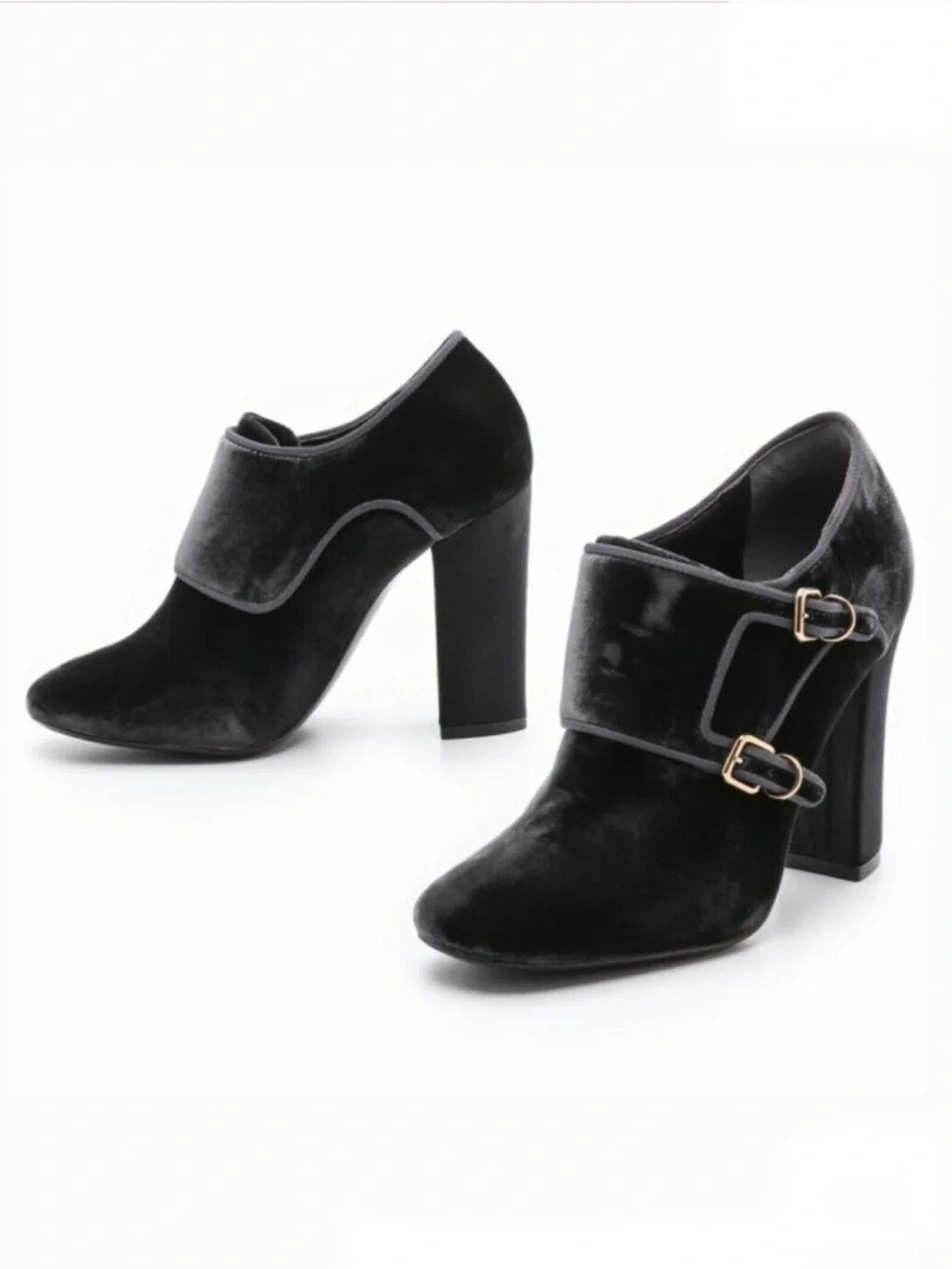 Tory Burch Carley Velvet Booties Gray Grigio Block Heel Double Monk Buckle Shoes